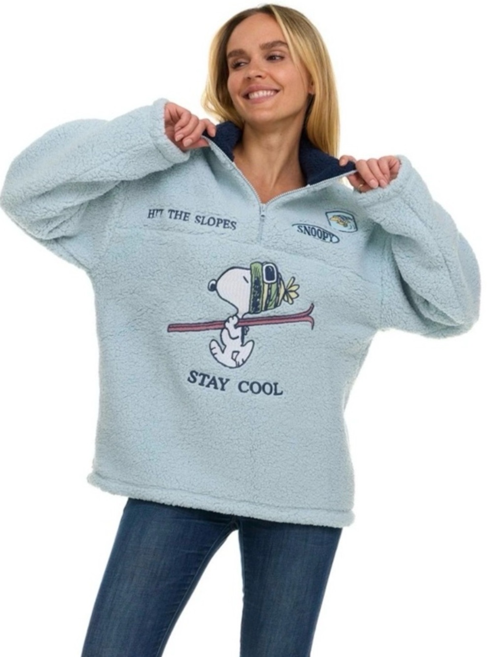 Snoopy Sherpa Quarter Zip Fleece Pullover XS Ski Peanuts Stay Cool Blue